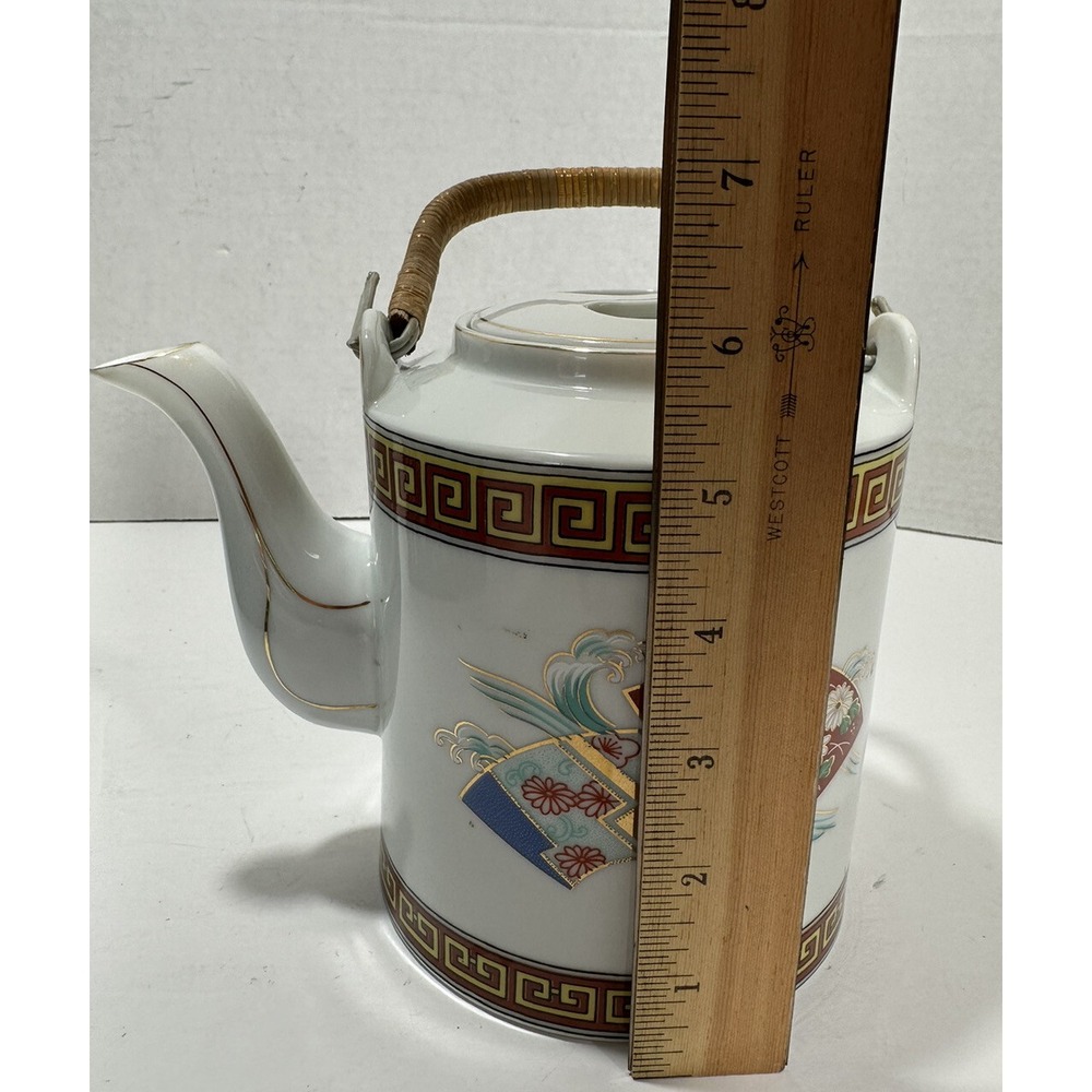 Vintage Japanese Teapot Tea Hand‎ Painted Ceramic with Rattan Handle - Picture 9 of 13